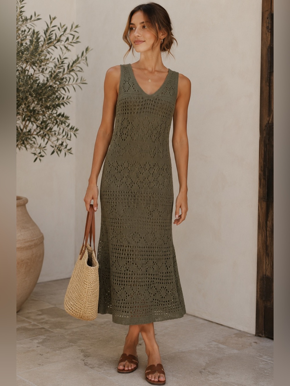 Rachel Zoe Olive Crochet Knit Midi Dress w/ Slip | Size Small